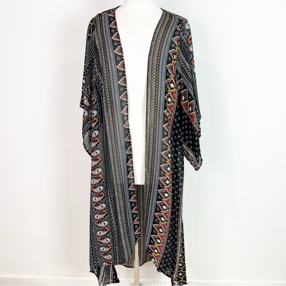 VERONICA M BLACK ORANGE PAISLEY PATTERN BOHO KIMONO COVER UP SZ MEDIUM